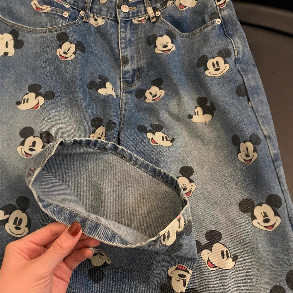 Cute Youthful  Vintage Mickey Print High-Waisted Jeans for Men and Women, Loose Straight-Leg Casual Wide-Leg Pants