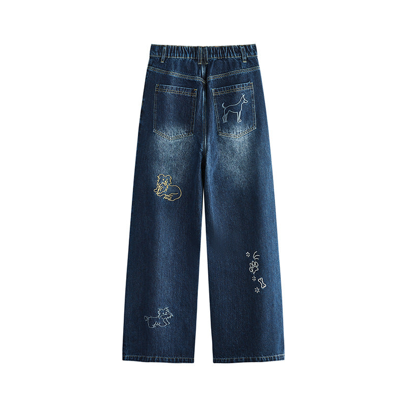 Dog Embroidered Wide Leg Jeans