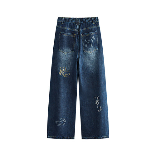 Dog Embroidered Wide Leg Jeans