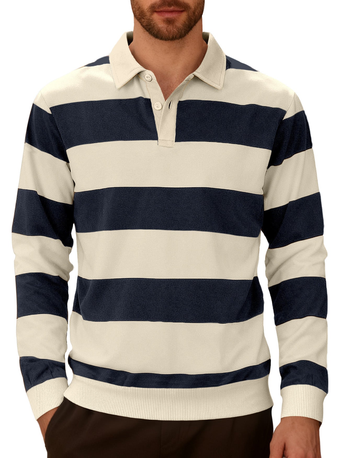 Striped contrasting button up long sleeved polo shirt