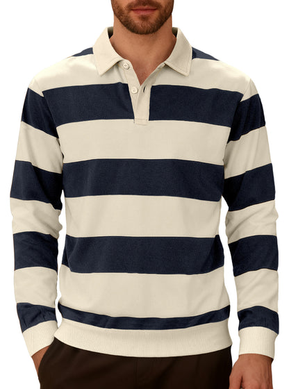 Striped contrasting button up long sleeved polo shirt