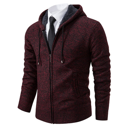 Autumn and winter men's cardigan sweater men's knitted sweater hooded and velvet casual men's knitted jacket