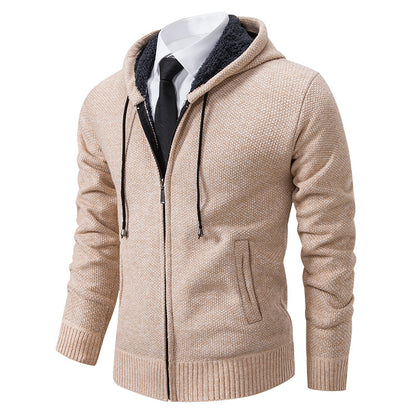 Autumn and winter men's cardigan sweater men's knitted sweater hooded and velvet casual men's knitted jacket