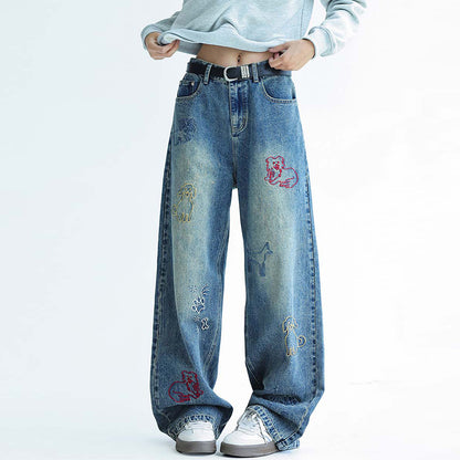 Dog Embroidered Wide Leg Jeans