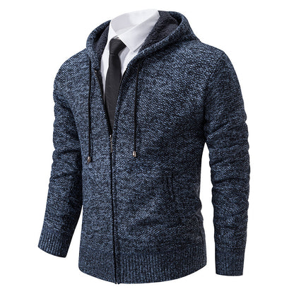 Autumn and winter men's cardigan sweater men's knitted sweater hooded and velvet casual men's knitted jacket