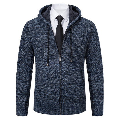 Autumn and winter men's cardigan sweater men's knitted sweater hooded and velvet casual men's knitted jacket