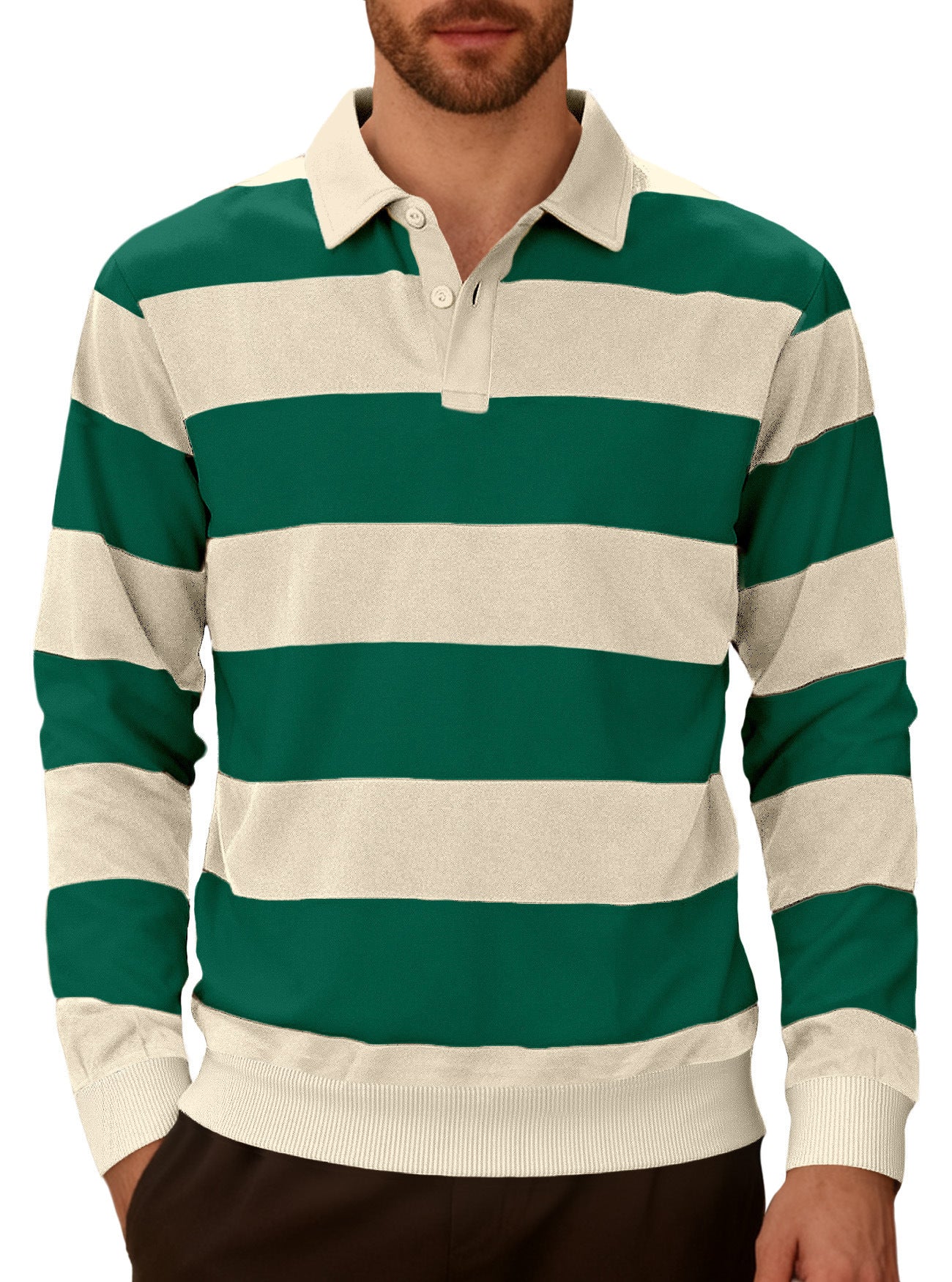 Striped contrasting button up long sleeved polo shirt